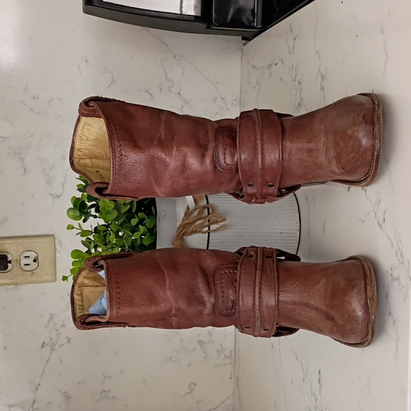 Frye Brown Harness Heeled Boots - Picture 2 of 13
